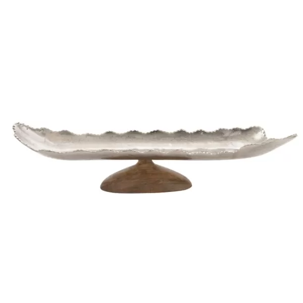 Decorative Trays-Kirkland's Home Wood And Metal Scalloped Rim Tray Silver/Brown