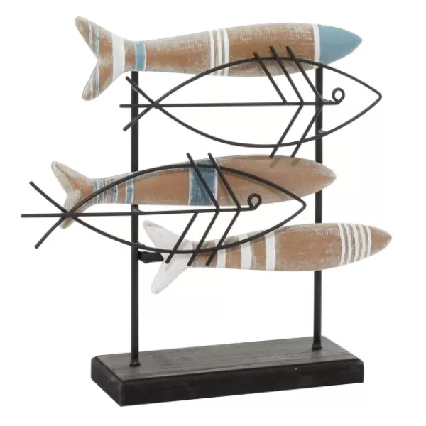 Statues & Figurines-Kirkland's Home Wood And Metal Stand Fish Sculpture Black/Brown/Blue