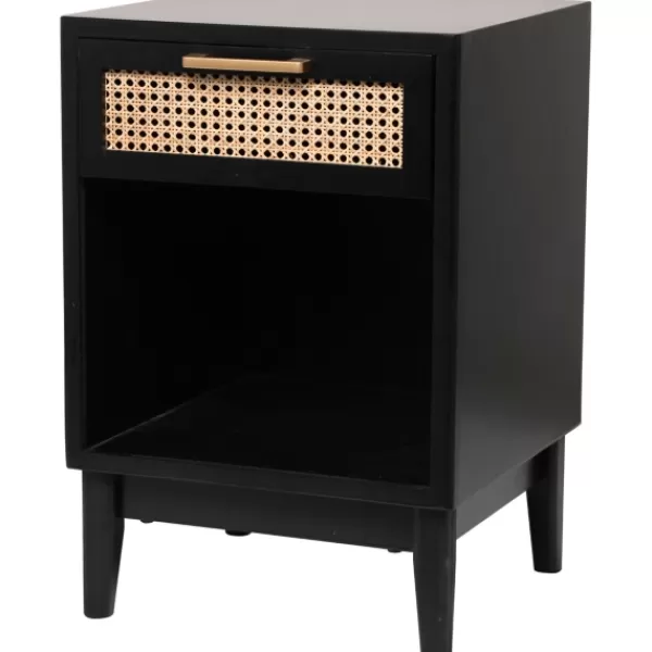 Nightstands-Kirkland's Home Wood And Natural Rattan Drawer Nightstand Black