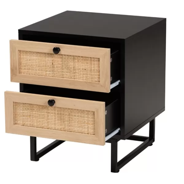 Nightstands-Kirkland's Home Wood And Rattan 2-Drawer Nightstand Black