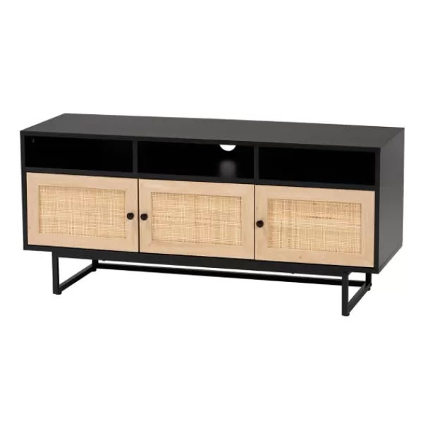 Tv Stands & Media Consoles-Kirkland's Home Wood And Rattan 3-Door Tv Stand Black