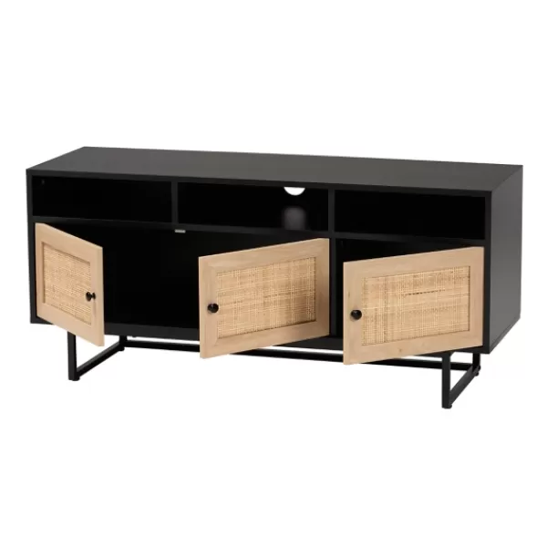 Tv Stands & Media Consoles-Kirkland's Home Wood And Rattan 3-Door Tv Stand Black