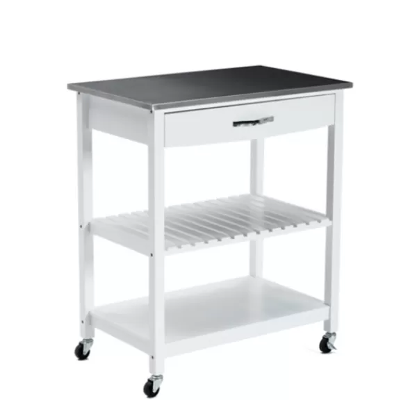 Kitchen Islands & Bar Carts-Kirkland's Home Wood And Stainless Steel Top Kitchen Cart White