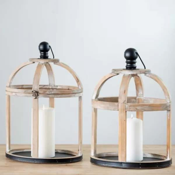 Lanterns-Kirkland's Home Wood Caged Metal Band 2-Pc. Decorative Lantern Set Tan/Black