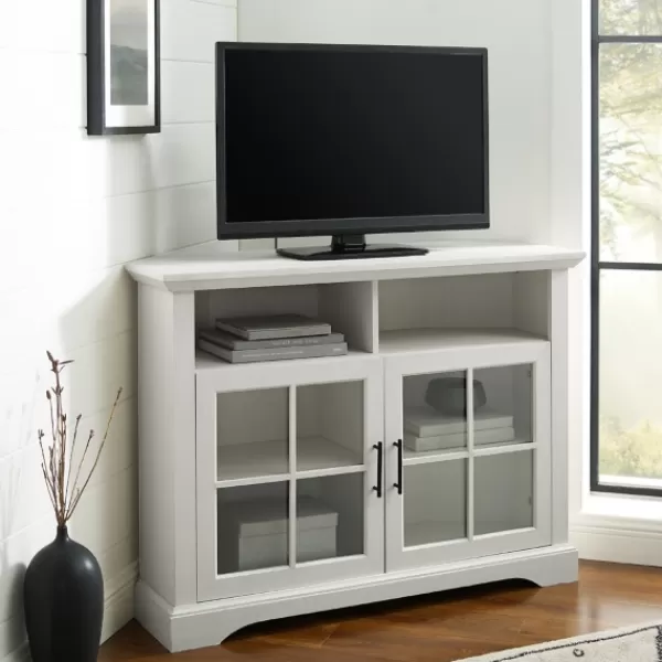 Tv Stands & Media Consoles-Kirkland's Home Wood Glass Pane Door Corner Tv Stand White