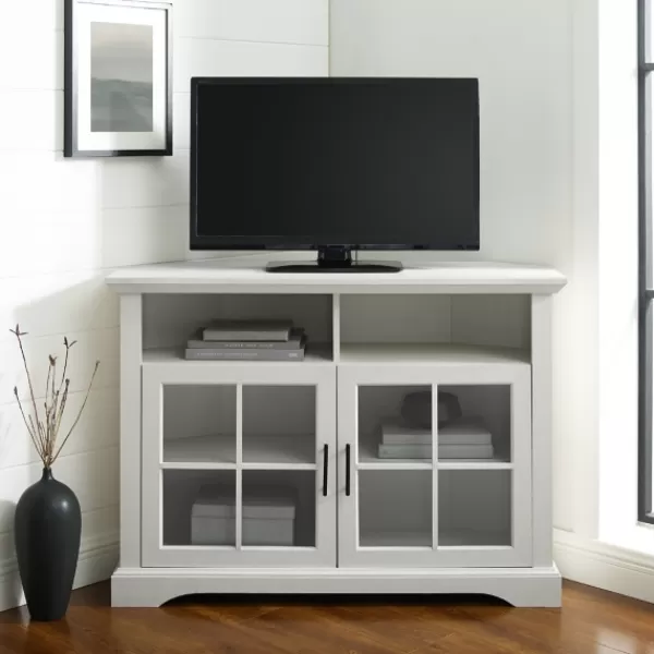 Tv Stands & Media Consoles-Kirkland's Home Wood Glass Pane Door Corner Tv Stand White