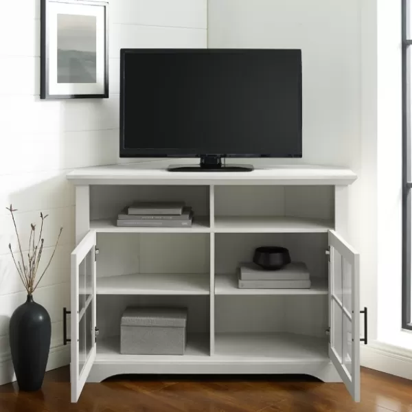Tv Stands & Media Consoles-Kirkland's Home Wood Glass Pane Door Corner Tv Stand White