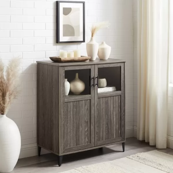 Cabinets & Sideboards-Kirkland's Home Wood Glass Windows Storage Cabinet Gray