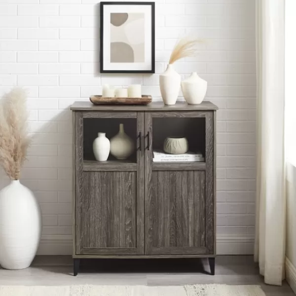 Cabinets & Sideboards-Kirkland's Home Wood Glass Windows Storage Cabinet Gray