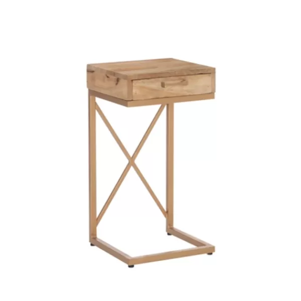 Accent & End Tables-Kirkland's Home Wood Gold Metal X-Frame Base C Table Tan