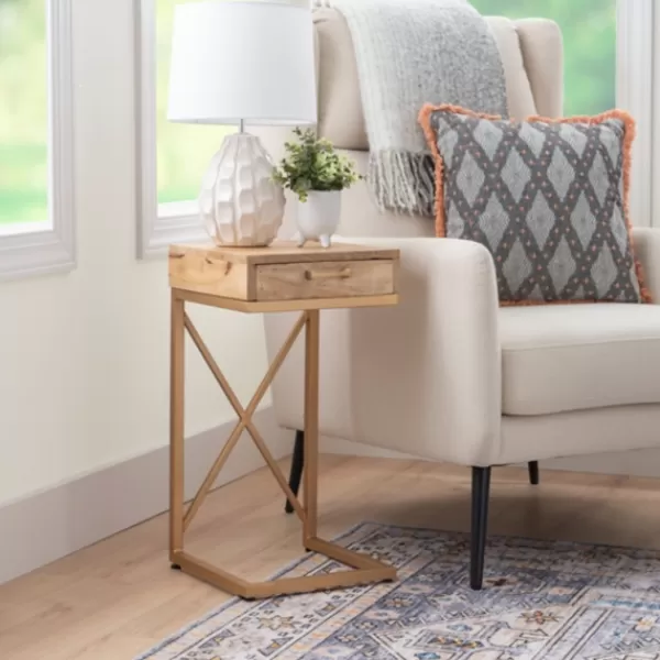 Accent & End Tables-Kirkland's Home Wood Gold Metal X-Frame Base C Table Tan