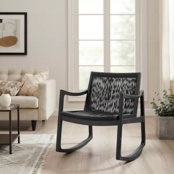 Accent Chairs-Kirkland's Home Wood Modern Woven Rocking Chair Black