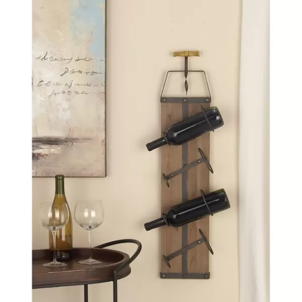 Wall Storage-Kirkland's Home Wood Panel Black Metal Wine Rack Brown