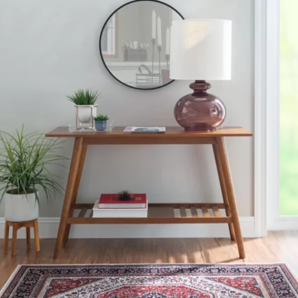 Console Tables-Kirkland's Home Wood Slatted Bottom Shelf Console Table Brown