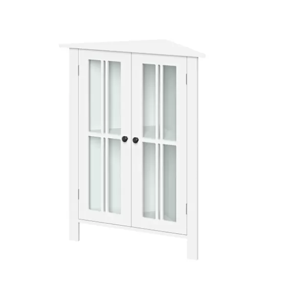 Bathroom Furniture-Kirkland's Home Wood Two Pane Glass Doors Corner Cabinet White