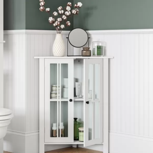 Bathroom Furniture-Kirkland's Home Wood Two Pane Glass Doors Corner Cabinet White