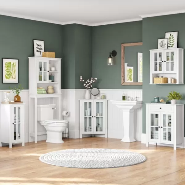 Bathroom Furniture-Kirkland's Home Wood Two Pane Glass Doors Corner Cabinet White