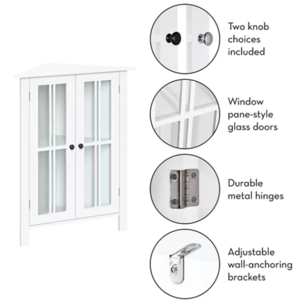 Bathroom Furniture-Kirkland's Home Wood Two Pane Glass Doors Corner Cabinet White