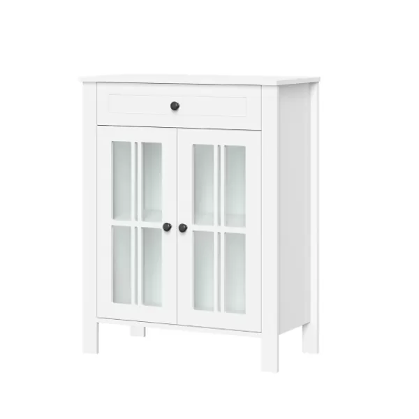 Bathroom Furniture-Kirkland's Home Wood Two Pane Glass Doors Floor Cabinet White