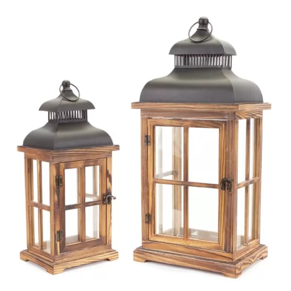 Lanterns-Kirkland's Home Wood Windowpane Slope Top Lanterns, Set Of 2 Brown/Black