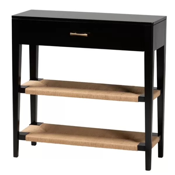 Console Tables-Kirkland's Home Wood Woven Shelves Console Table Black