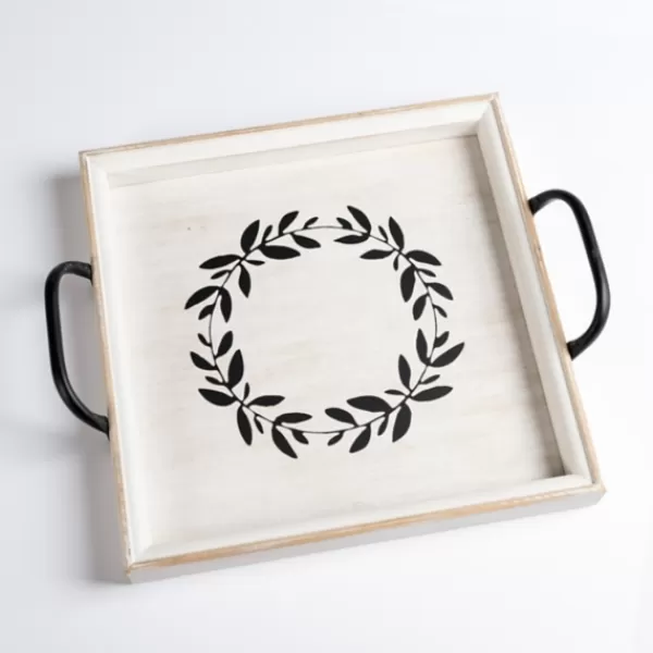 Decorative Trays-Kirkland's Home Wood Wreath Tray With Handles White