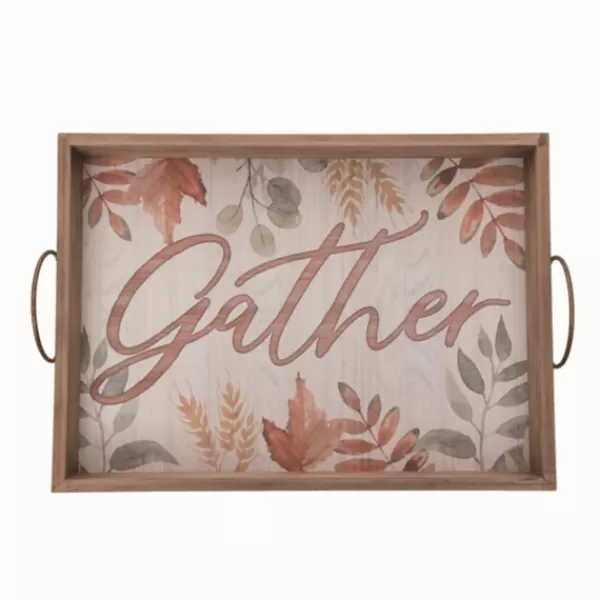 Decorative Trays-Kirkland's Home Wooden Autumn Leaves Gather Serving Tray Tan