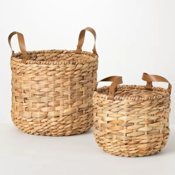 Baskets & Boxes-Kirkland's Home Woven Rat And Faux Leather Baskets, Set Of 2 Tan