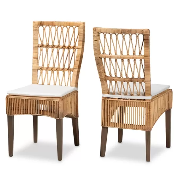 Dining Chairs-Kirkland's Home Woven Rattan White Cushion Dining Chairs, Set Of 2 Tan/White