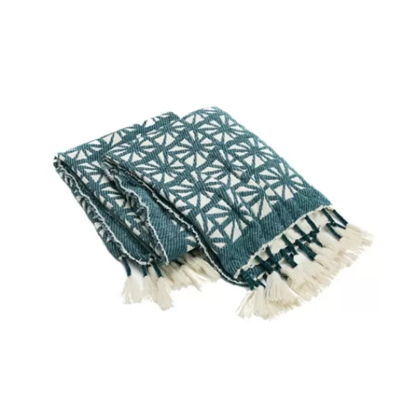 Blankets & Throws-Kirkland's Home Woven Teal Planetarium Tasseled Throw Green/Ivory