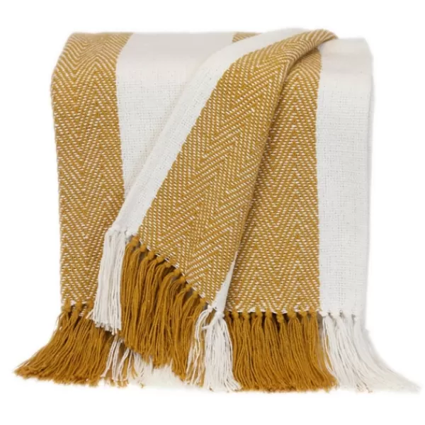 Blankets & Throws-Kirkland's Home Yellow Chalet Striped Fringe Throw Yellow/White