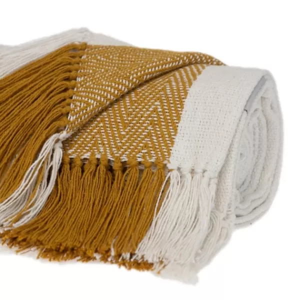 Blankets & Throws-Kirkland's Home Yellow Chalet Striped Fringe Throw Yellow/White